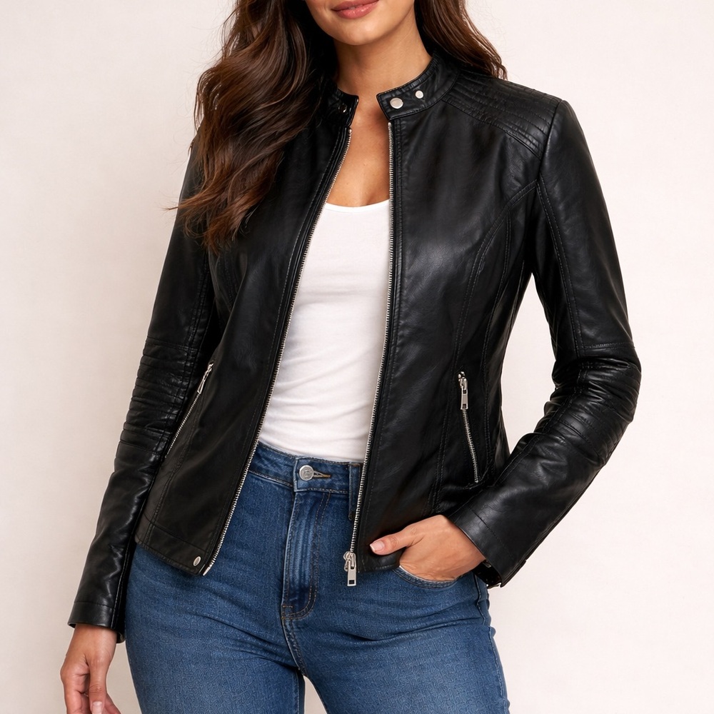 JouJou Black Vegan Leather Moto Jacket XL, Quilted Shoulders, Zip Pockets